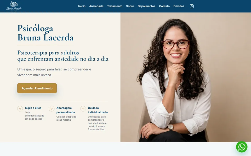 Página inicial do site da psicóloga Bruna Lacerda